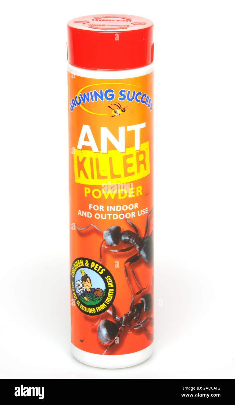 Ant killer. Bottle of powdered pesticide used to kill ants Stock Photo