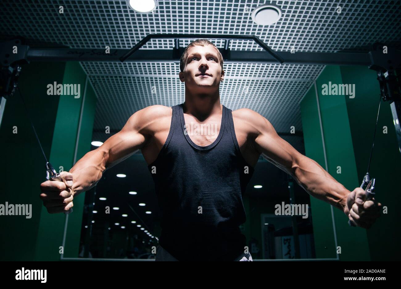 Strong bodybuilder doing chest exercise with cable ropes Stock Photo Alamy