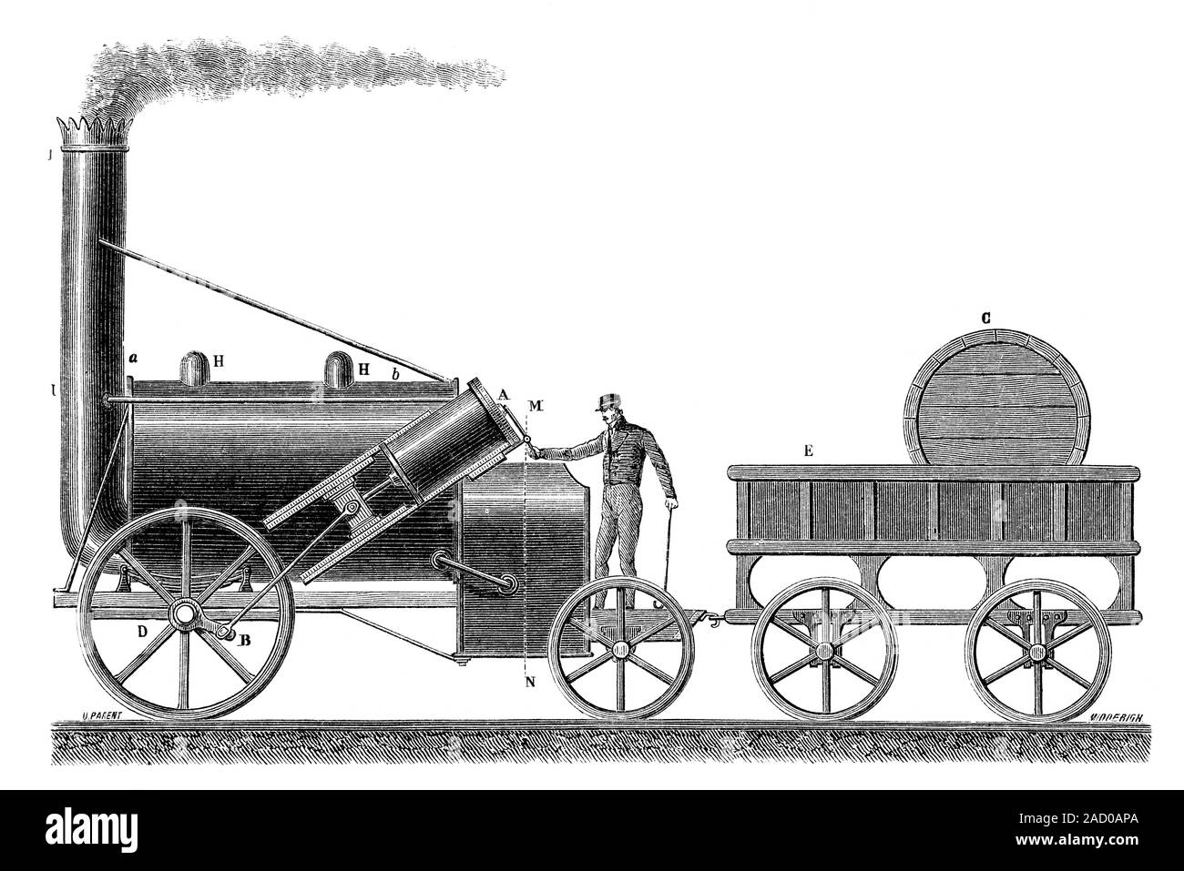 Stephenson's Rocket. 19th-century illustration of this early steam ...