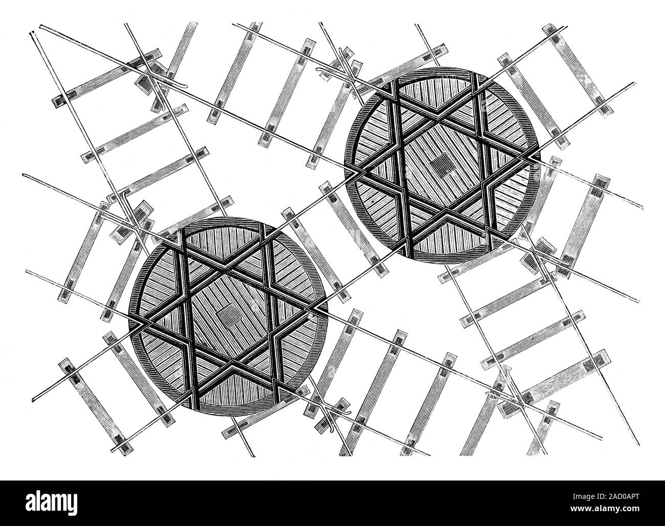 Railway turntables. 19thcentury illustration of an overhead view of a
