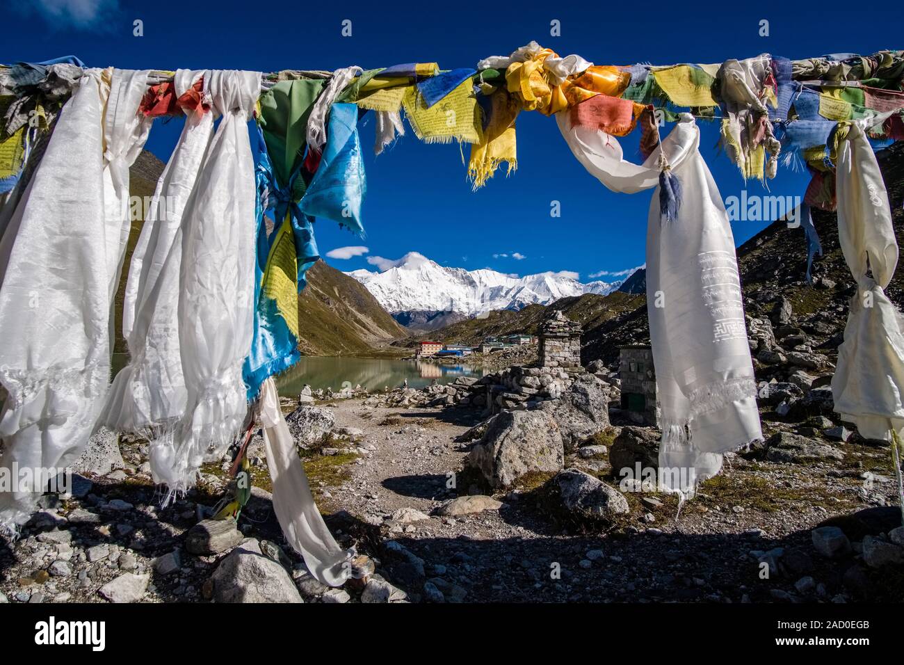 View of the village Gokyo through tibetan prayer flags, located at Gokyo Lake, Mt. Cho Oyu in the distance Stock Photo