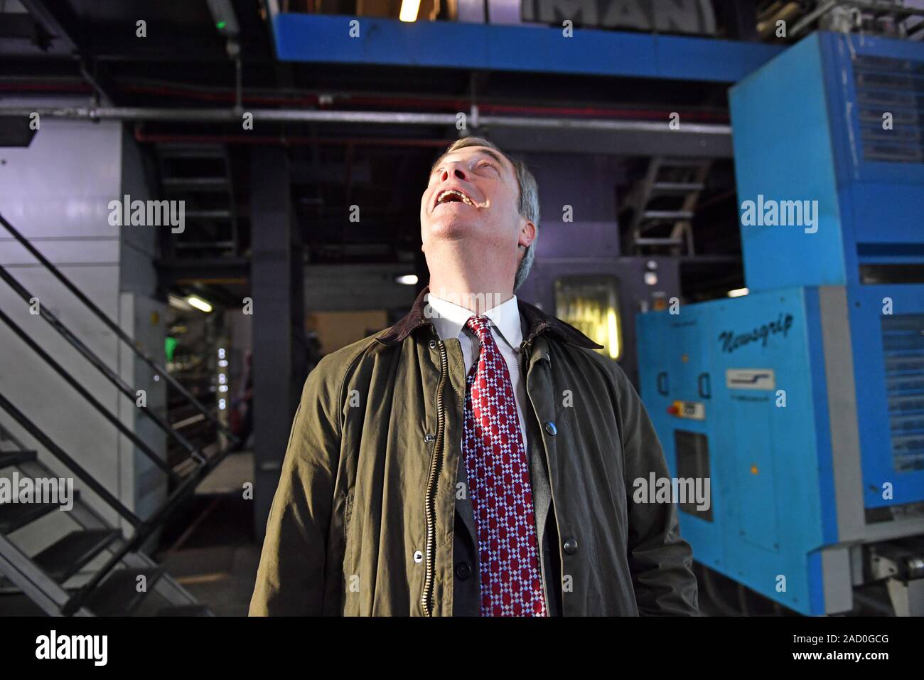 Brexit Party leader Nigel Farage during a visit to JPI Printers in Dinnington, South Yorkshire, whilst on the General Election campaign trail. Stock Photo