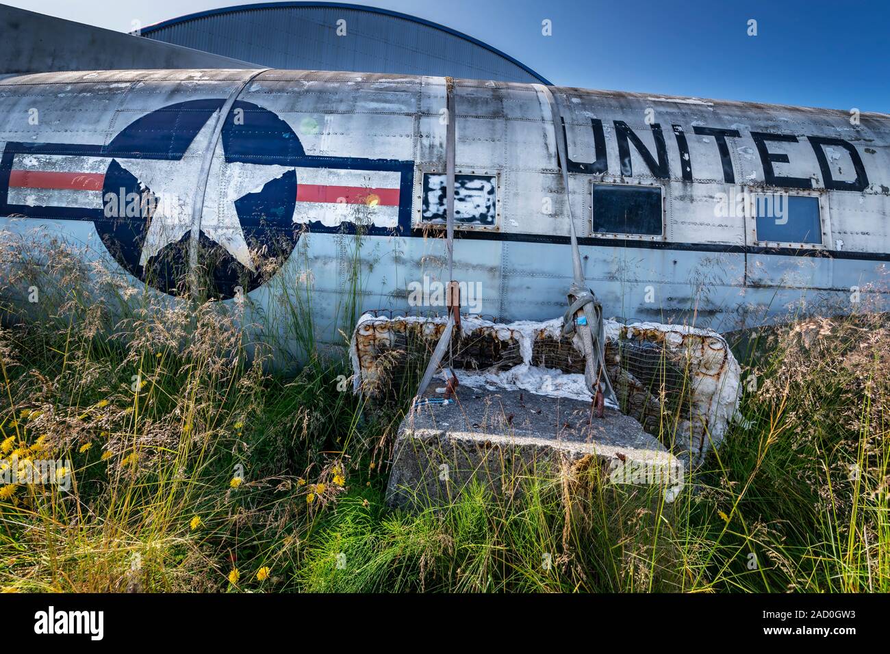 Old Plane-US Navy Douglas DC-3, Hnjotur Plane Museum, West Fjords, Iceland Stock Photo
