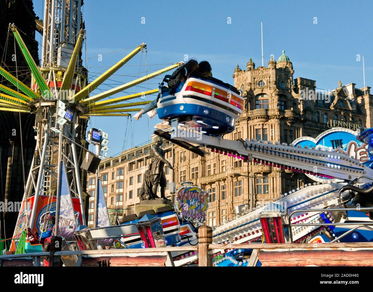 Yeti and Star Flyer fairground rides. Edinburgh Christmas Market and
