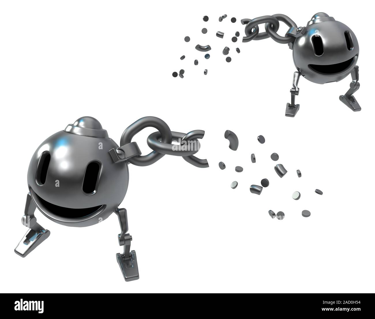 Ball robot happy cartoon character with chain breaking, 3d illustration, horizontal, isolated Stock Photo