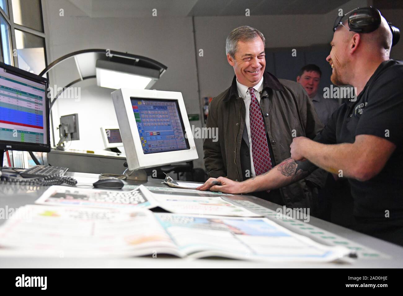Brexit Party leader Nigel Farage during a visit to JPI Printers in Dinnington, South Yorkshire, whilst on the General Election campaign trail. Stock Photo