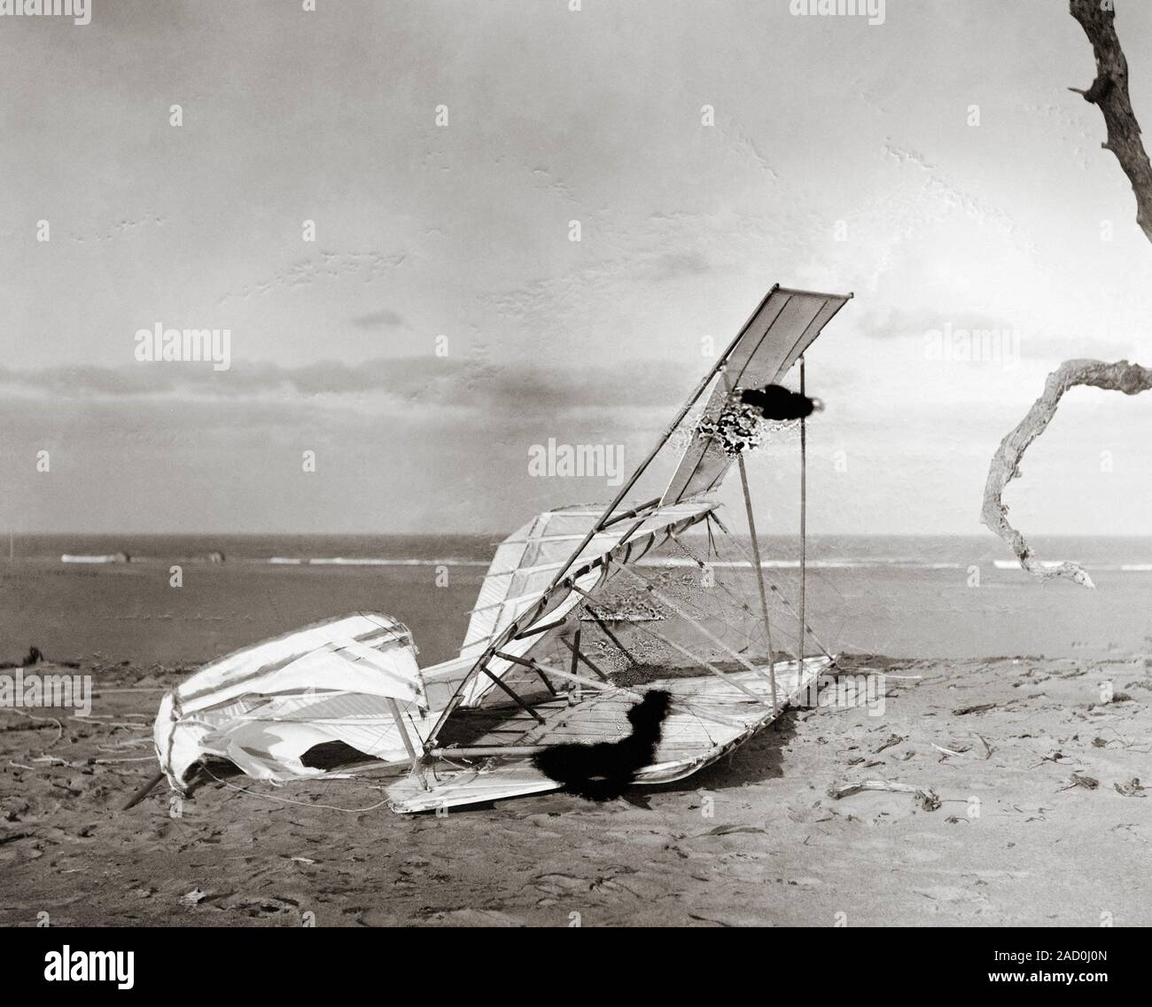 Wrecked Wright brothers glider. Crumpled glider designed and flown by the Wright brothers