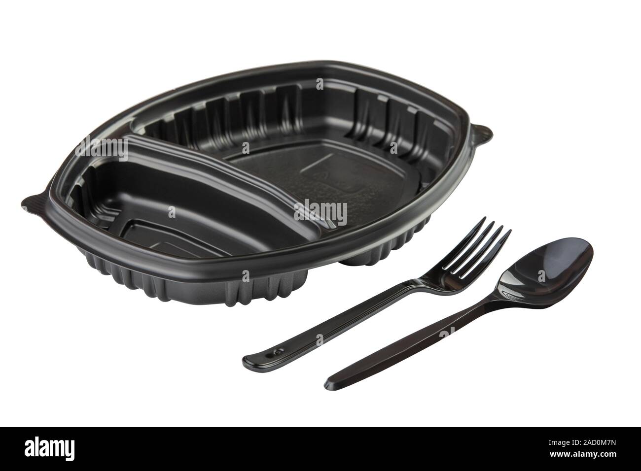 Black Plastic food container with spoon and fork isolated on white