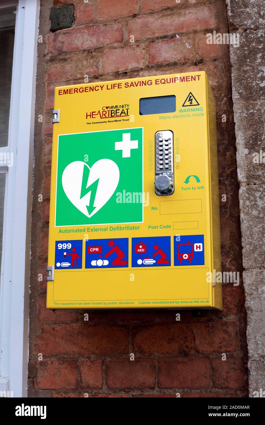 Public defibrillator. Defibrillator mounted on a wall in a public place