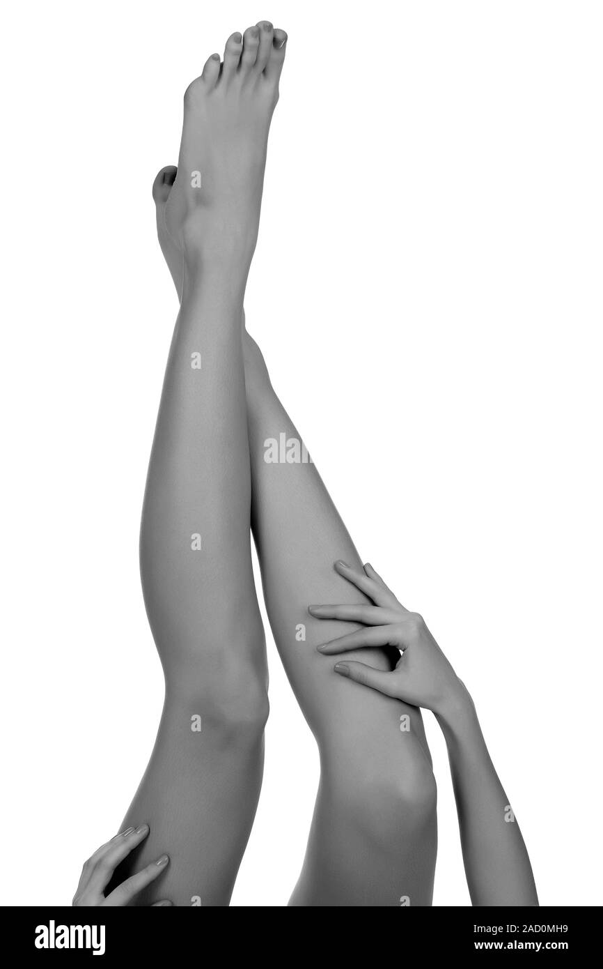 Woman legs and hands on white background Stock Photo