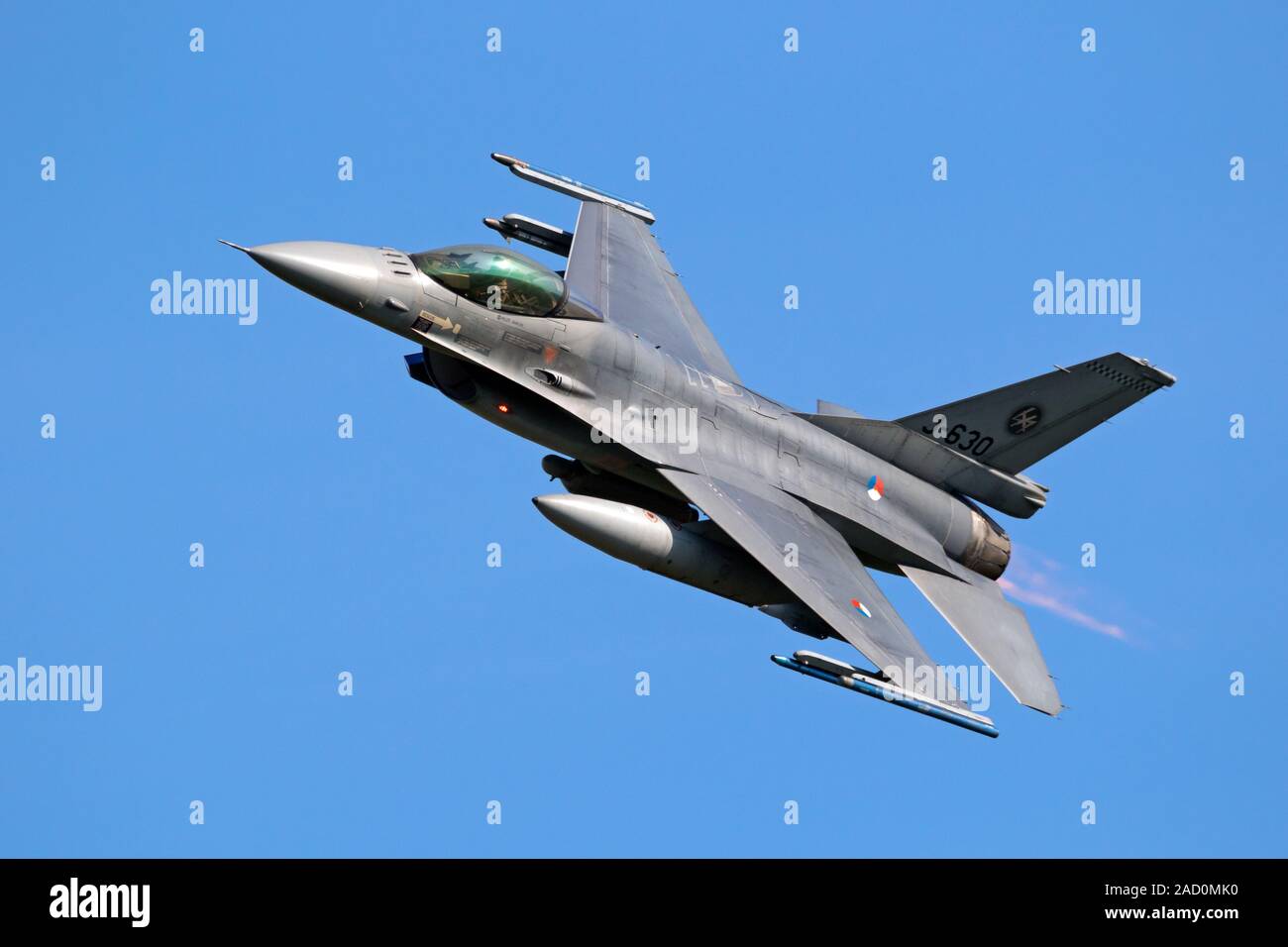 LEEUWARDEN, THE NETHERLANDS - APRIL 19, 2018: Royal Netherlands Air Force F16 fighter jet aircraft taking off during NATO exercise Frisian Flag. Stock Photo