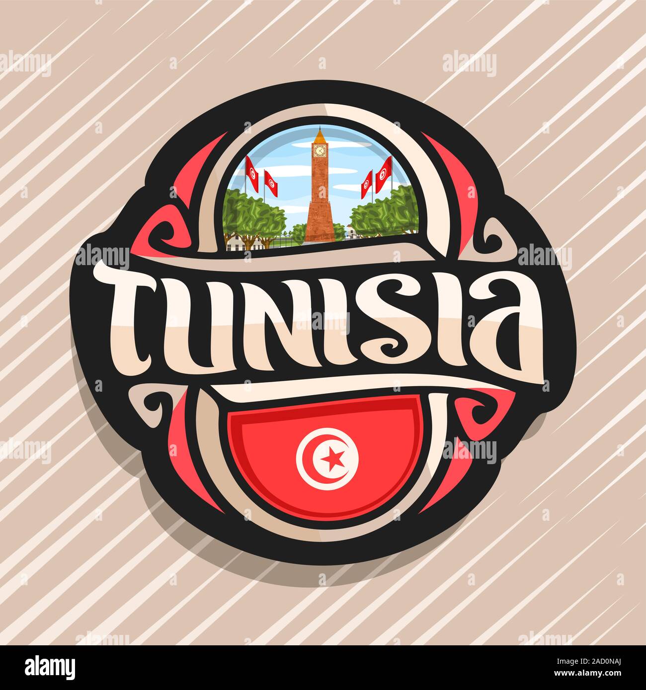 Vector logo for Tunisia country, fridge magnet with tunisian state flag, original brush typeface for word tunisia and national tunisian symbol - clock Stock Vector