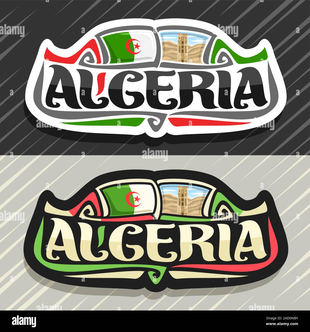 Vector logo for Republic of Algeria, fridge magnet with algerian state flag, original brush typeface for word algeria and national algerian symbol - s Stock Vector