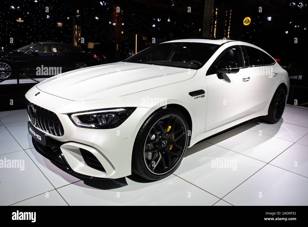 BRUSSELS - JAN 18, 2019: Mercedes-AMG GT 63 S sports car showcased at the Brussels Autosalon 2019 Motor Show. Stock Photo