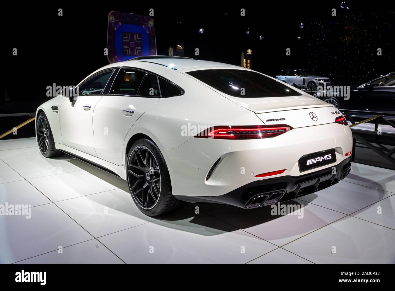 BRUSSELS - JAN 18, 2019: Mercedes-AMG GT 63 S sports car showcased at the Brussels Autosalon 2019 Motor Show. Stock Photo