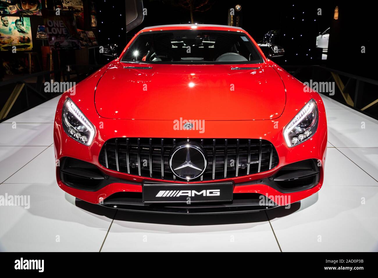BRUSSELS - JAN 18, 2019: Mercedes-AMG GT C Roadster sports car  showcased at the Brussels Autosalon 2019 Motor Show. Stock Photo
