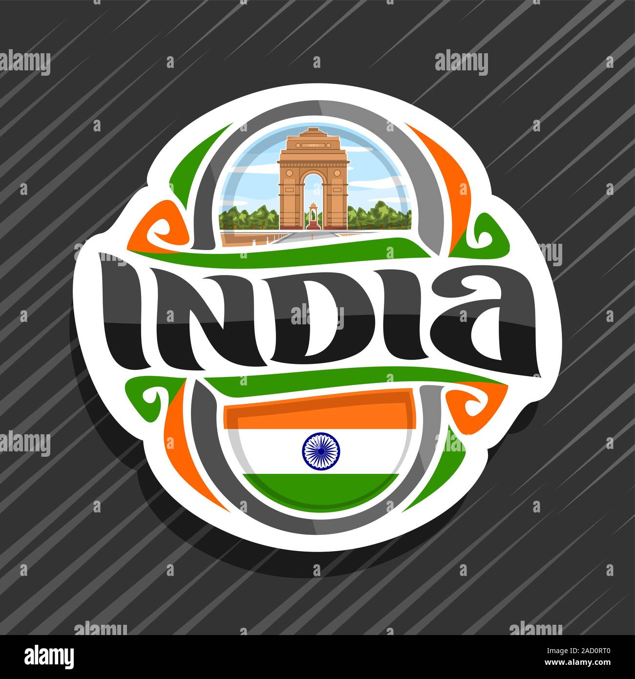 Vector logo for India country, fridge magnet with indian state flag for independence day, original brush typeface for word india and national indian s Stock Vector