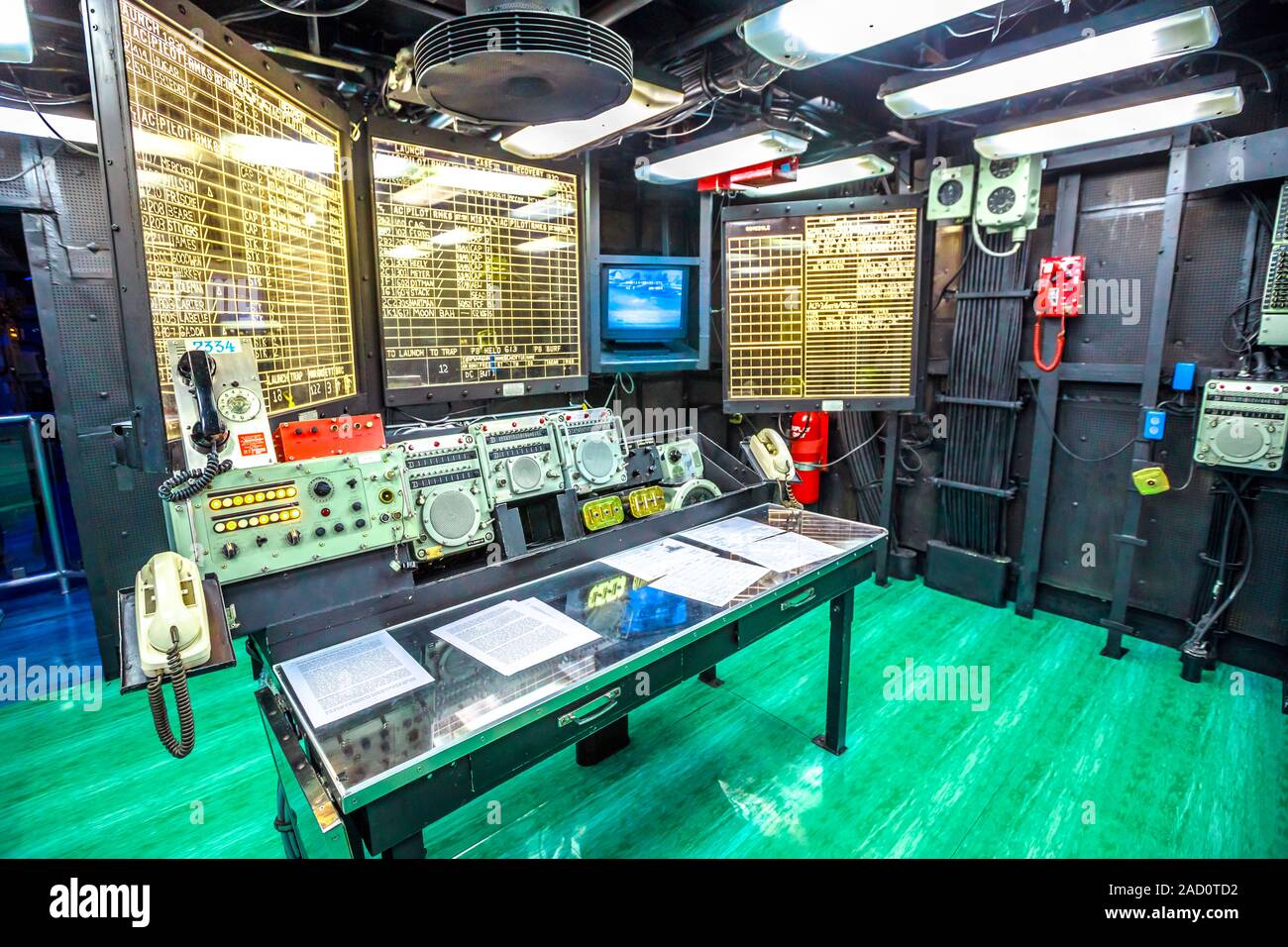 San Diego, Navy Pier, California, USA - JULY 31, 2018: Main battle station with table and maps in operation room of Battleship Midway at San Diego Stock Photo