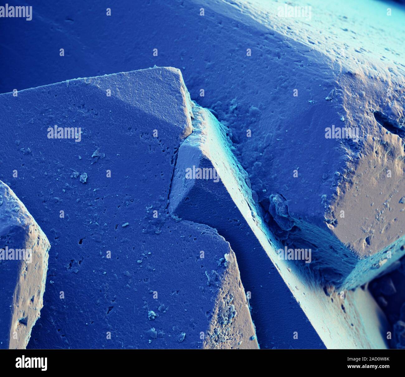 Azurite crystals, coloured scanning electron micrograph (SEM). Azurite ...