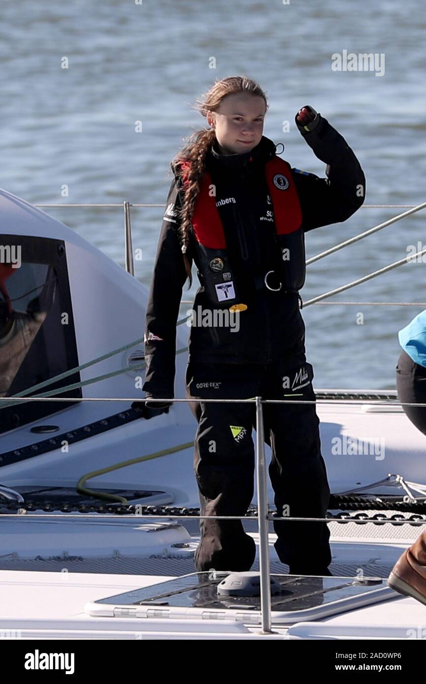 Lisbon Portugal 3rd Dec 2019 Swedish Teenage Climate Activist Greta Thunberg Arrives In Lisbon Portugal On December 3 2019 After Crossing The Atlantic From Hampton Virginia In A Catamaran To Attend A