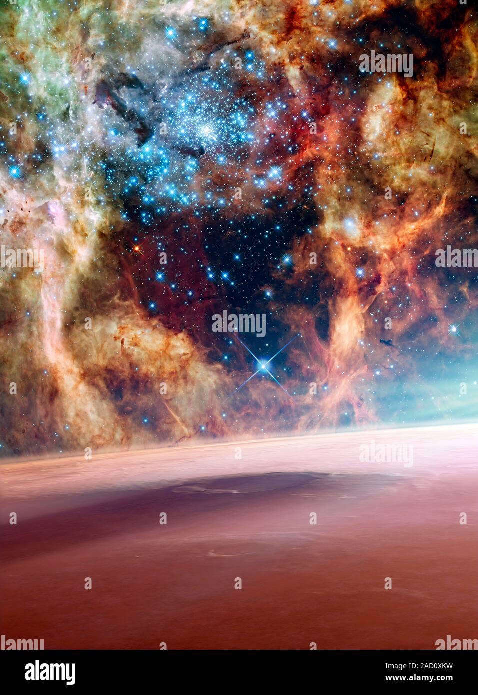 Alien planet and nebula. Computer illustration of a view across the ...