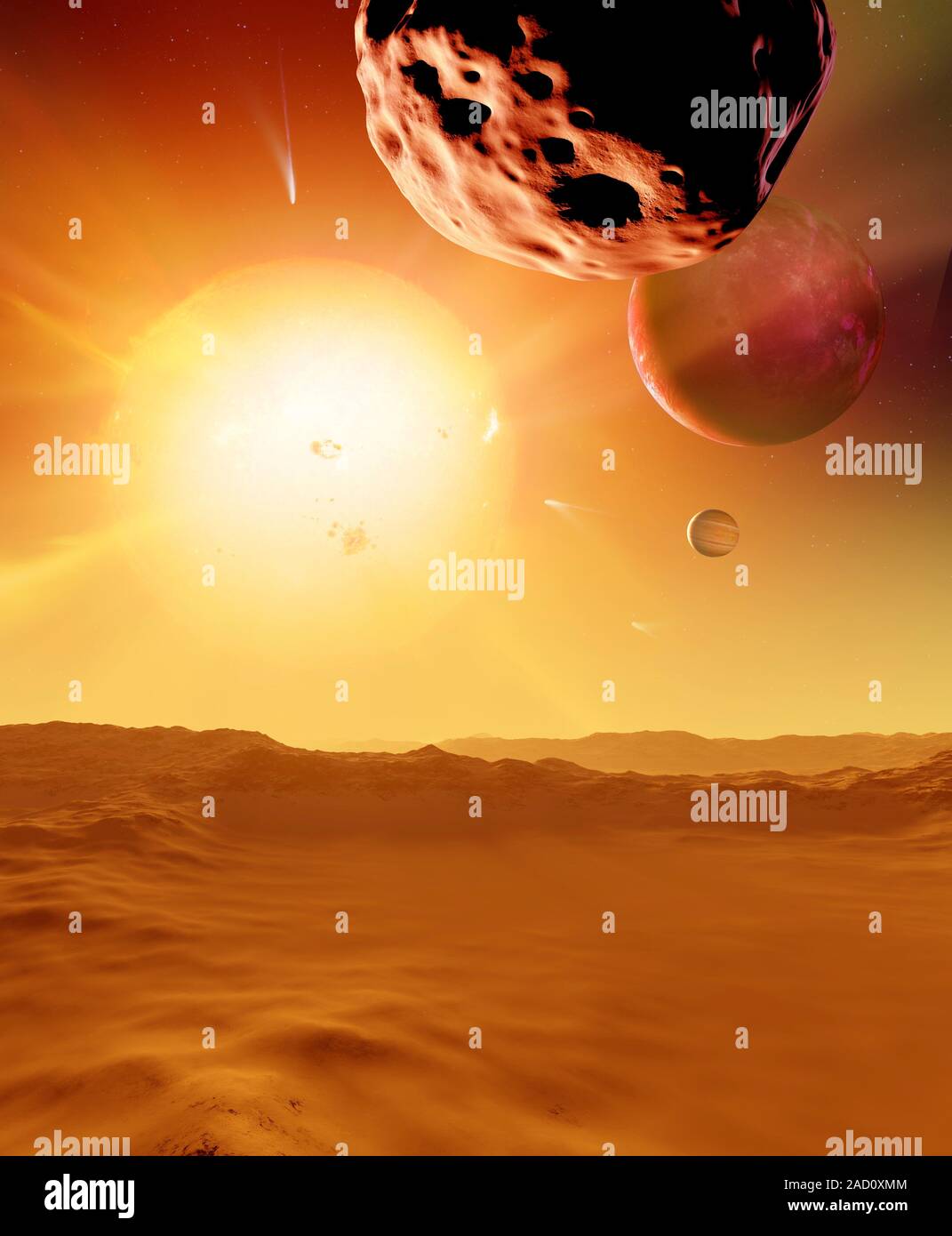 Alien planetary system. Computer illustration of alien planets with ...