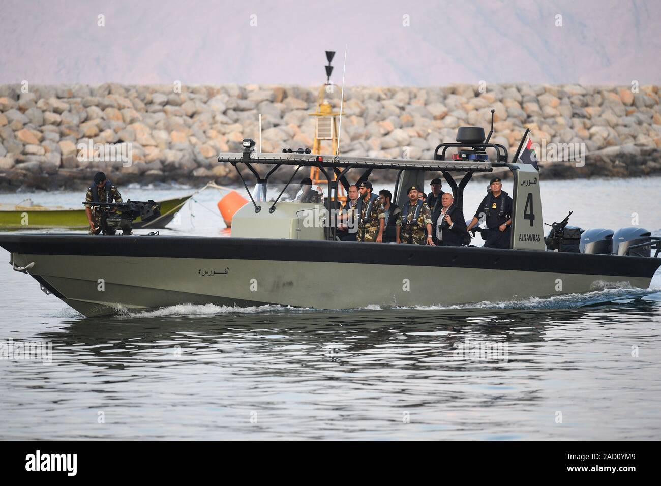 The Duke of Cambridge on the water in a Royal Navy of Oman (RNO) vessel  during a visit to the Ras Musandam Naval Base to meet members from the RNO  as part