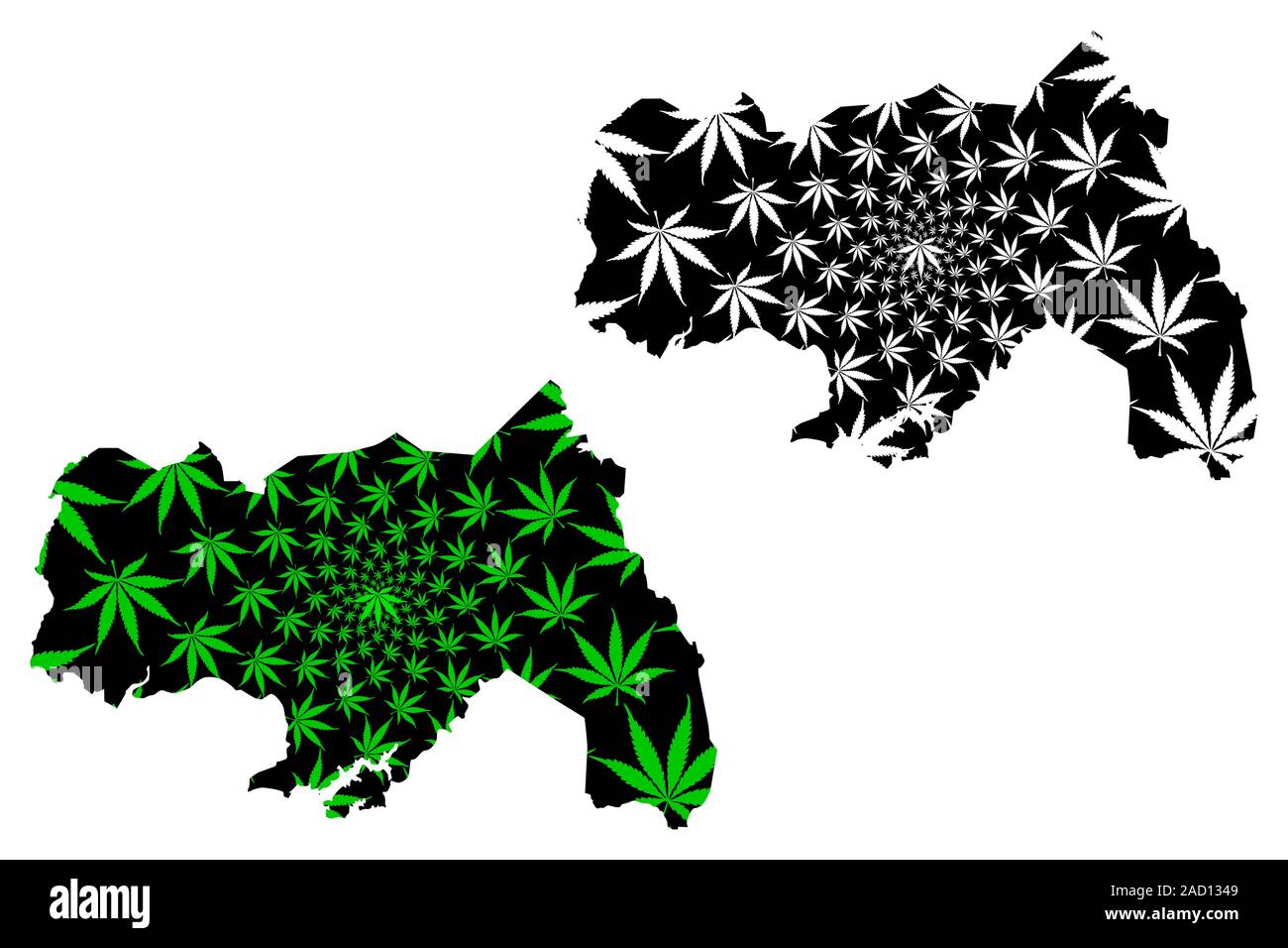 Northern Region (Regions of Uganda, Republic of Uganda, Administrative divisions) map is designed cannabis leaf green and black, Northern map made of Stock Vector
