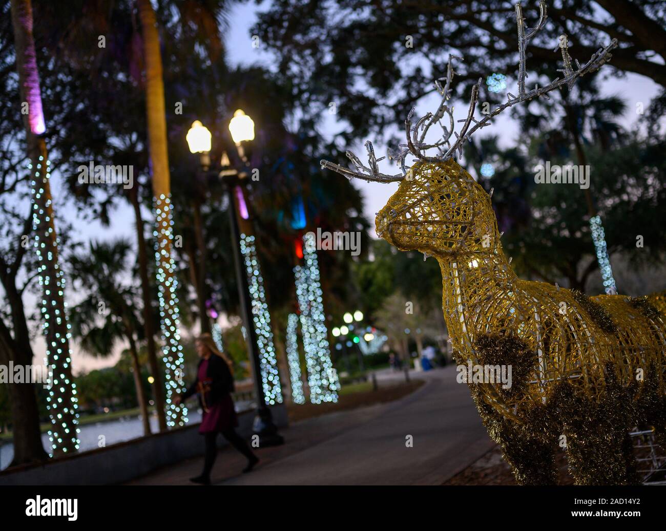 Holiday Christmas lights at Lake Eola Park in downtown Orlando, Florida. Stock Photo