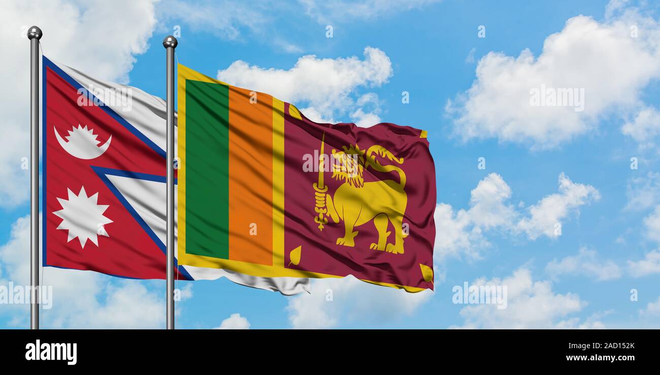 Nepal and Sri Lanka flag waving in the wind against white cloudy blue ...