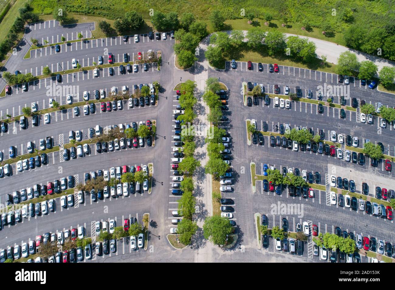 Aerial view of a parking lot at an office building in the suburbs of