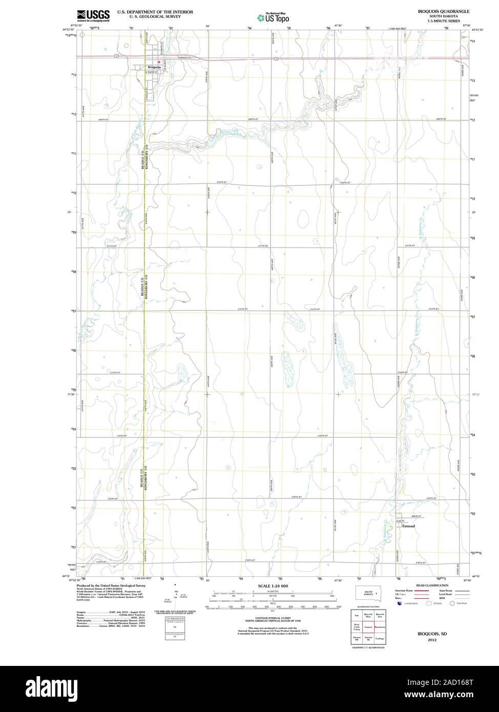 USGS TOPO Map South Dakota SD Iroquois 20120613 TM Restoration Stock Photo