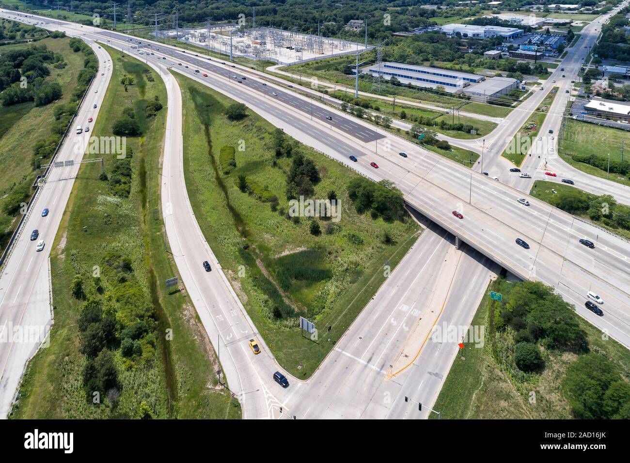 Aerial view of highways, overpasses and ramps in the Chicago suburb of Downers Grove IL. USA Stock Photo
