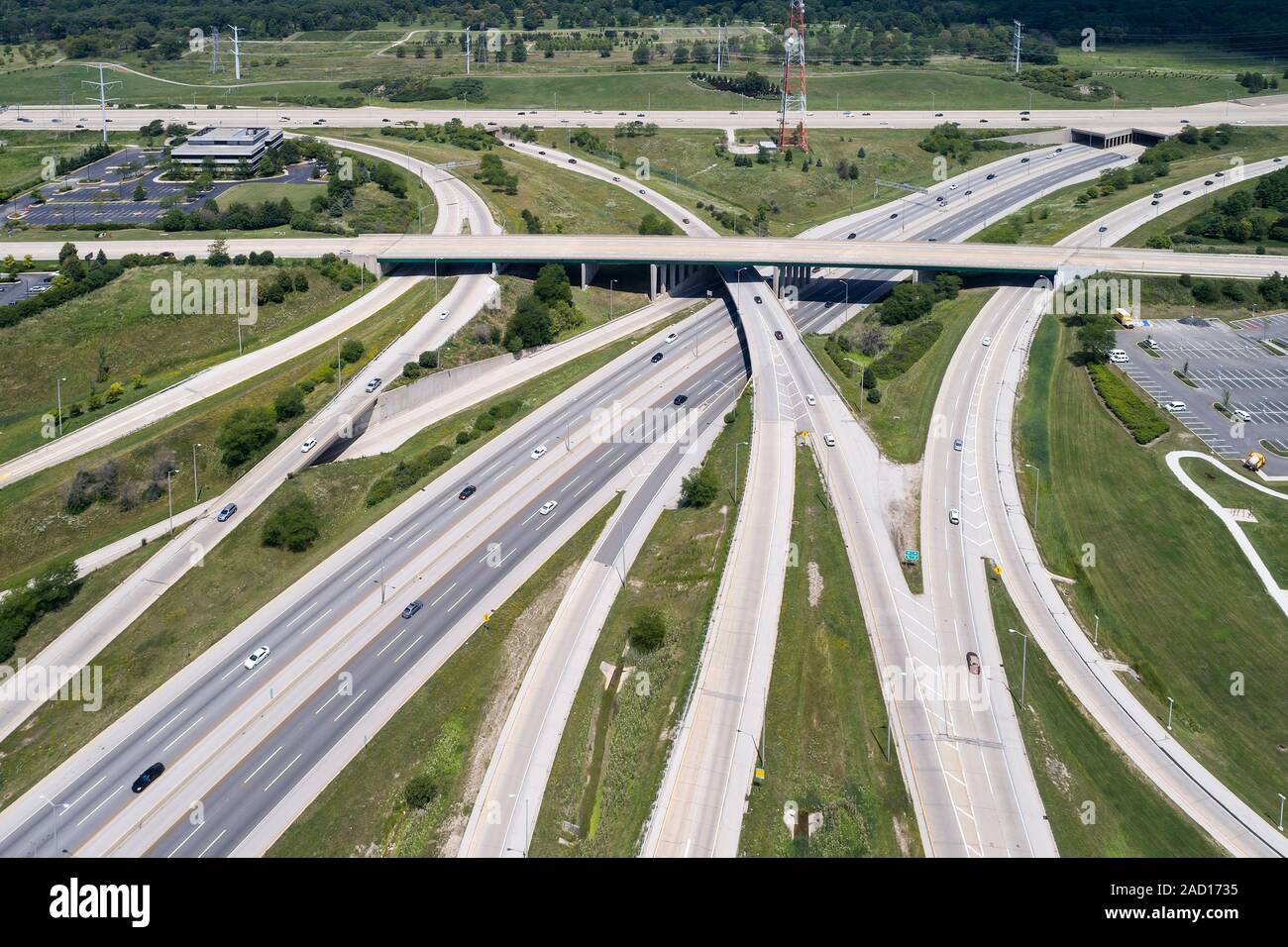 Aerial view of highways, overpasses and ramps in the Chicago suburb of