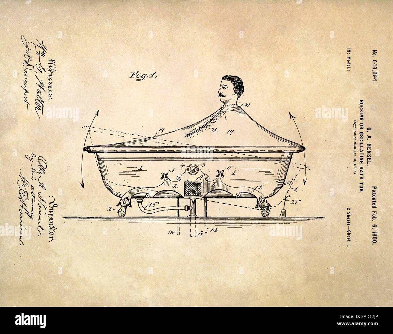Rocking bathtub patent, 1900. Artwork of a rocking bath tub designed by