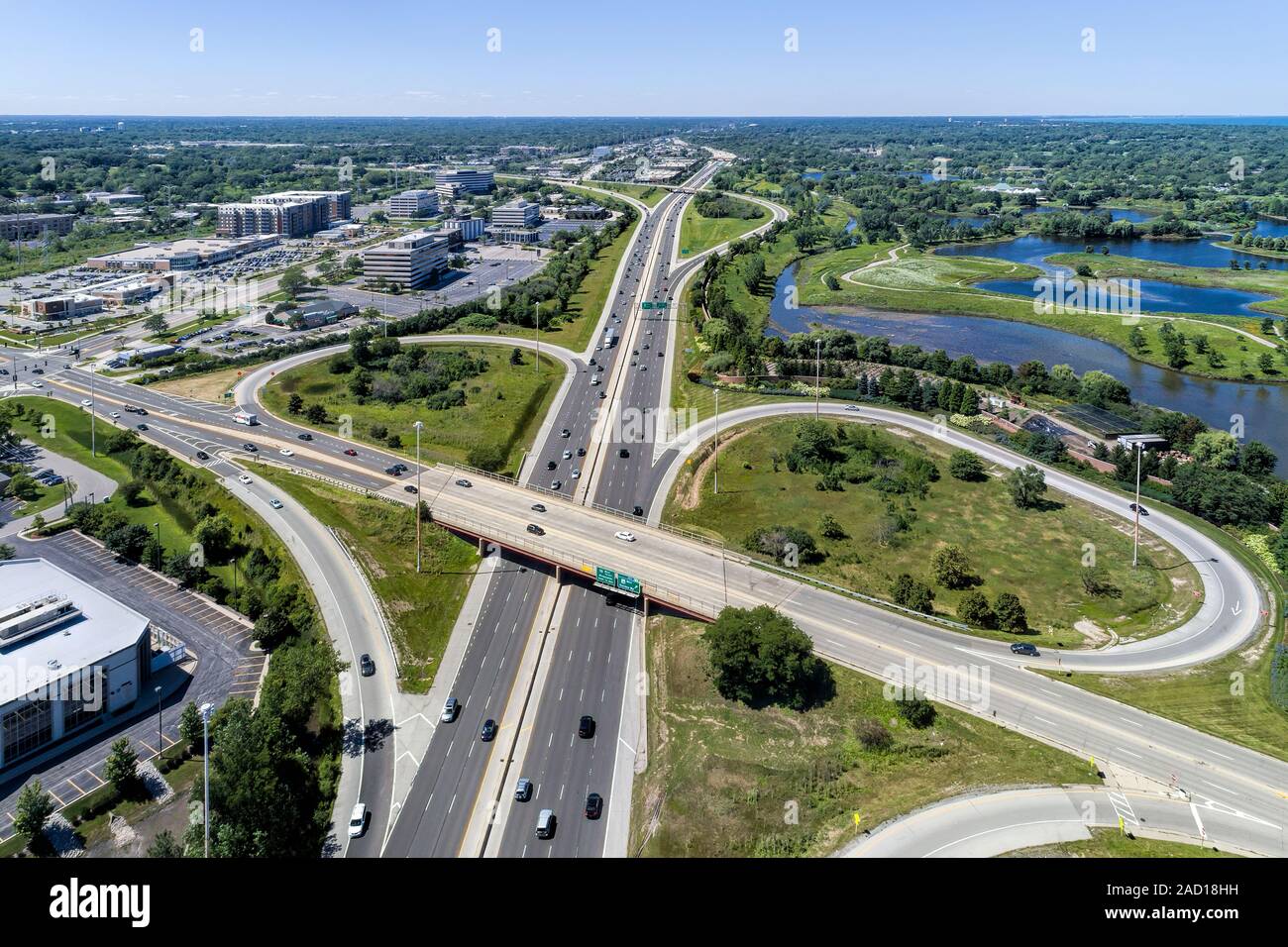 Aerial view of a highways, overpasses, ramps and buildings in the