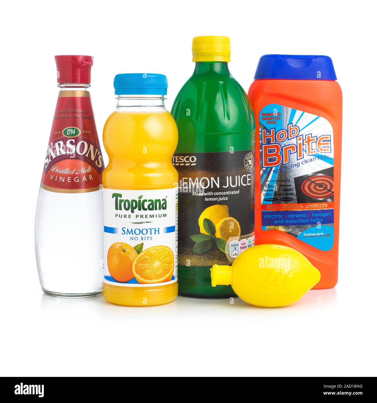 Household acids and alkalis. Vinegar, orange juice and lemon juice are acidic. The oven hob 