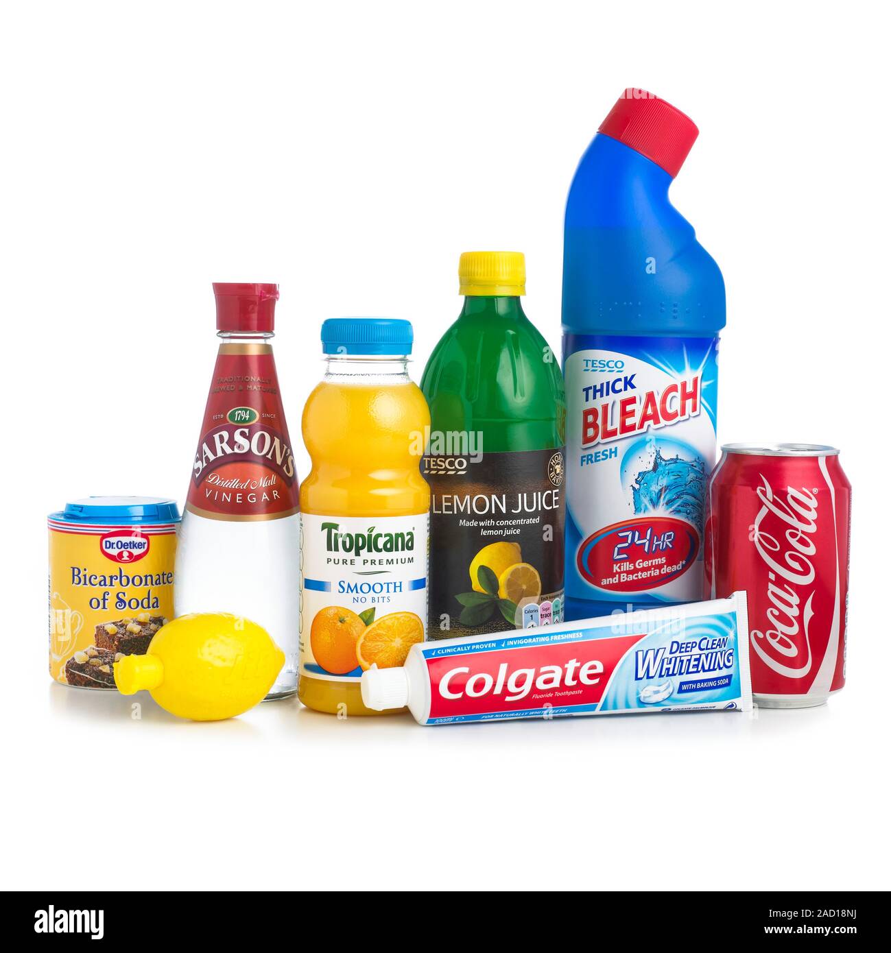 Household acids and alkalis. Vinegar, orange juice, lemon juice and Coca-Cola are acidic 
