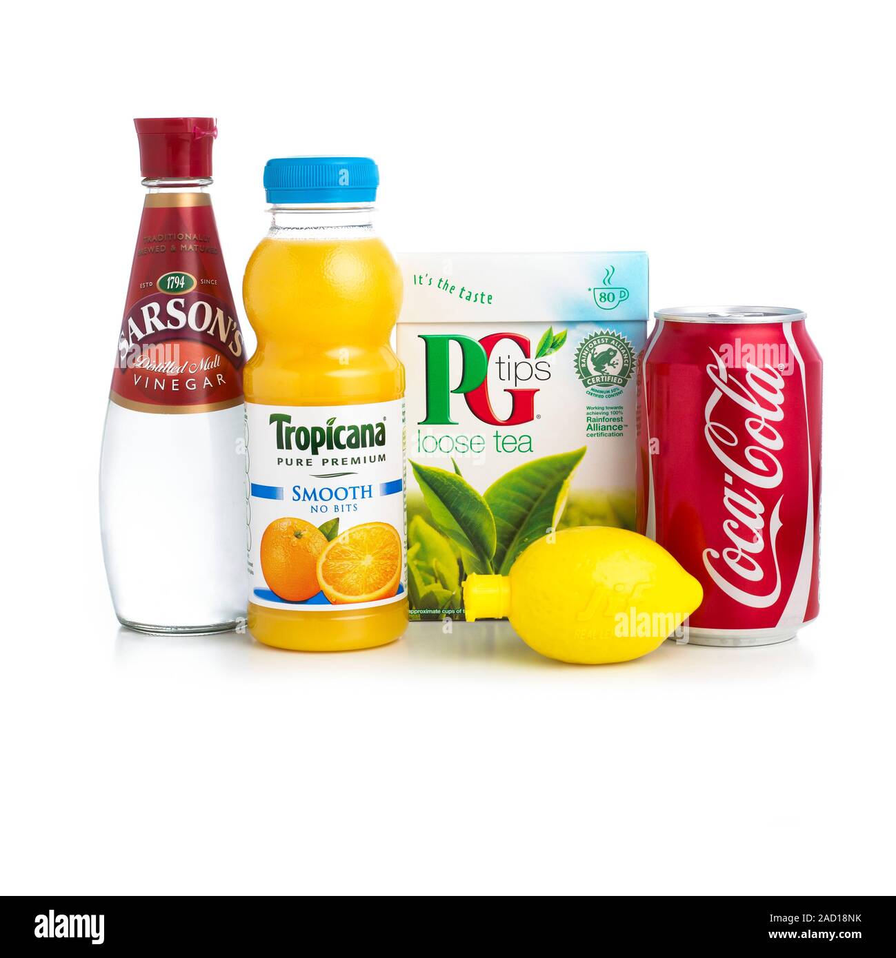 Household acids. Vinegar contains acetic acid, orange and lemon juices