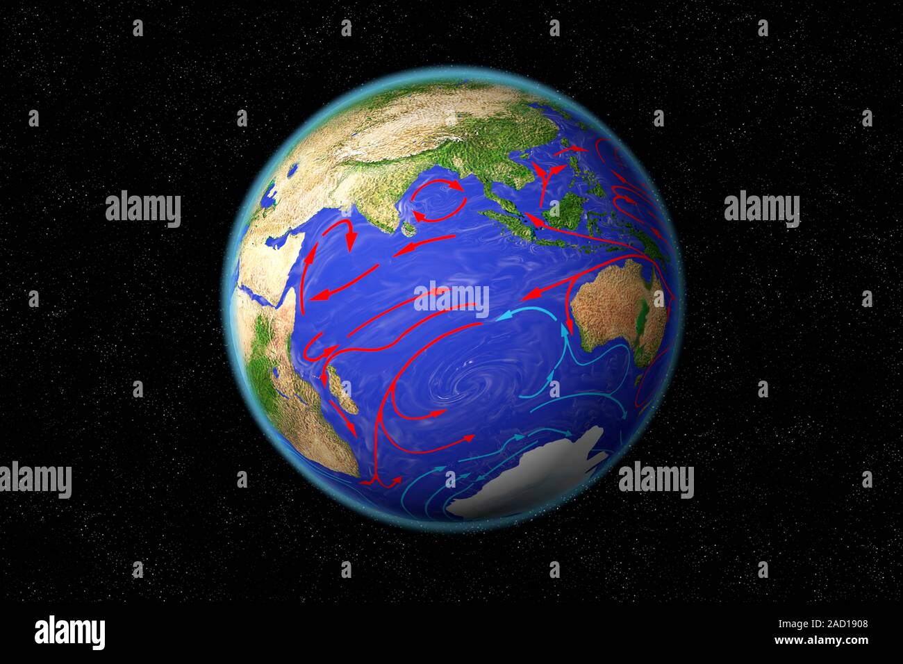 Warm ocean currents are in red; cold currents are in blue. Data ...