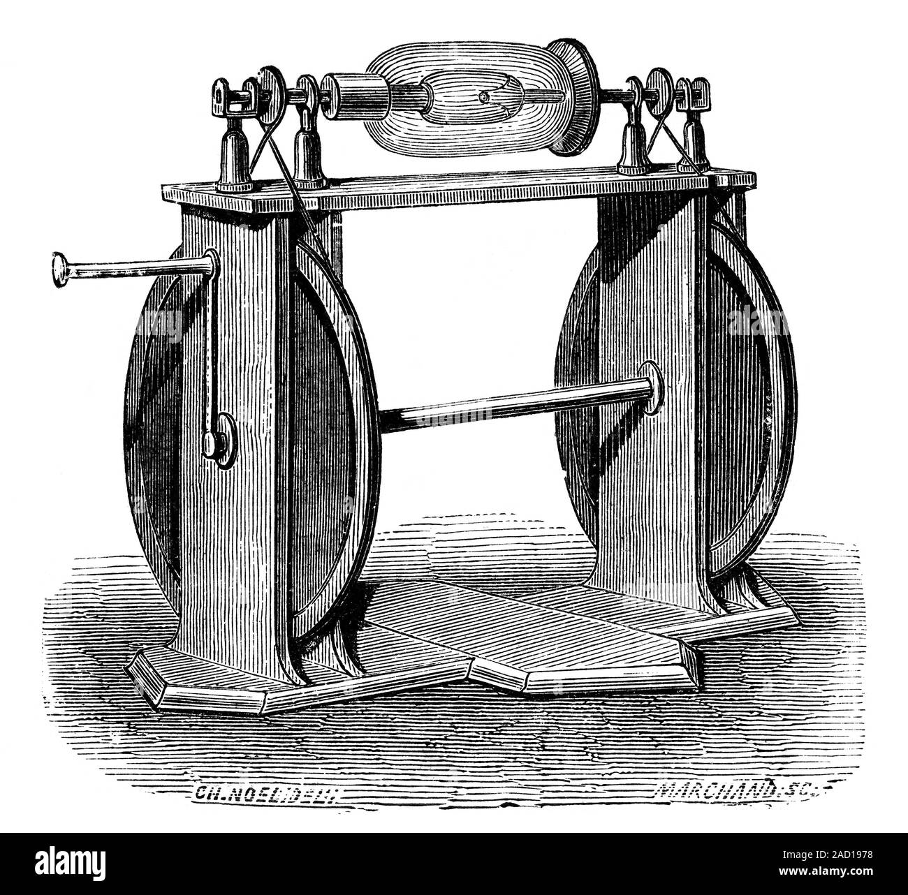 Hauksbee electrostatic generator. Historical illustration of an