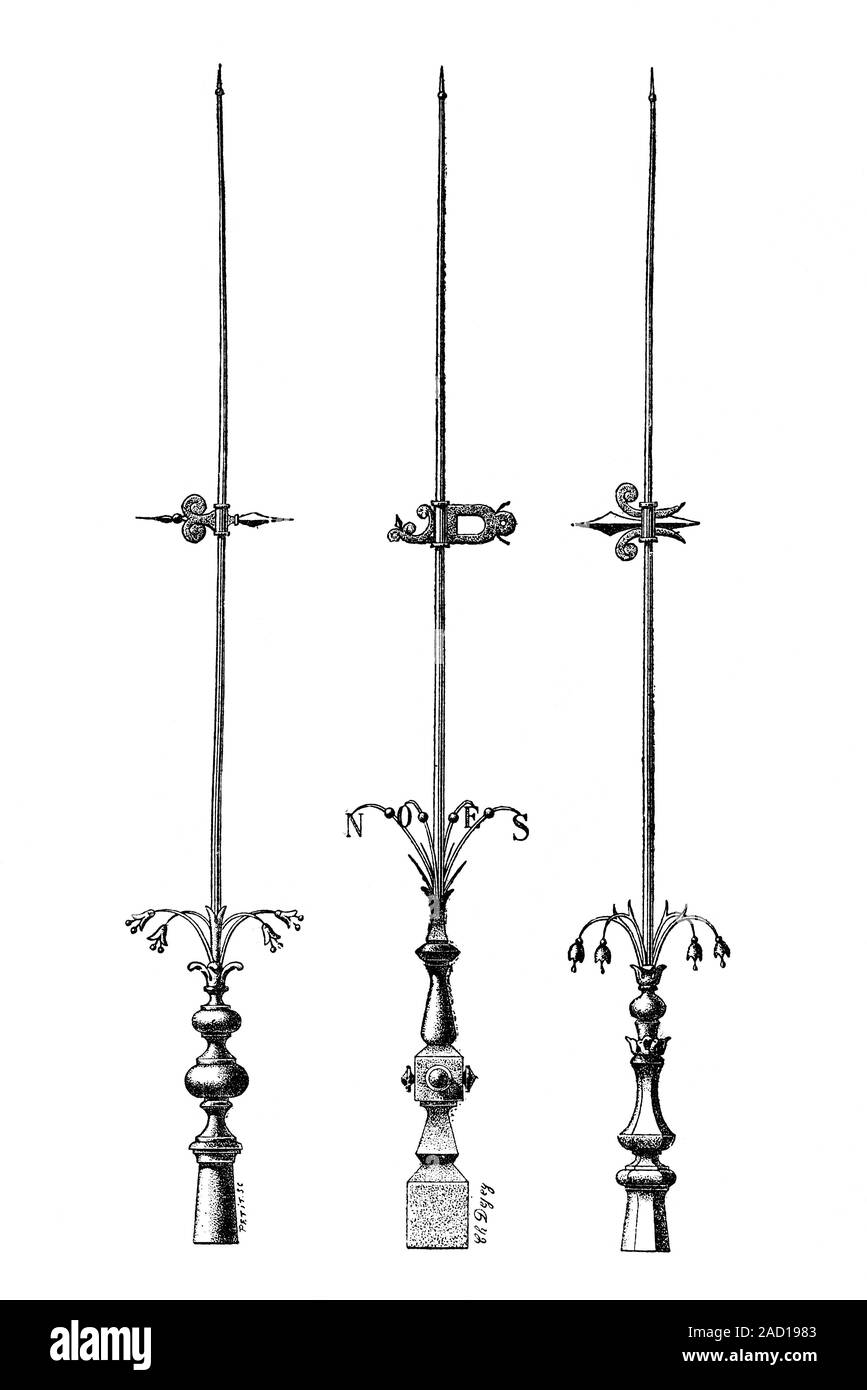 Lightning rods. Historical illustration of ornate designs for 19th