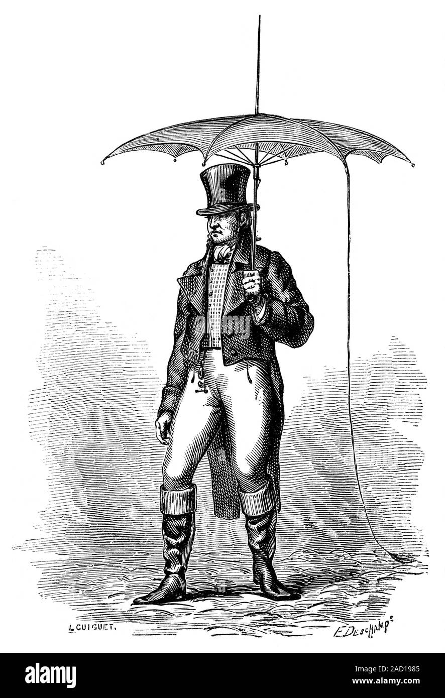 Lightning conductor umbrella. Historical illustration of a man carrying