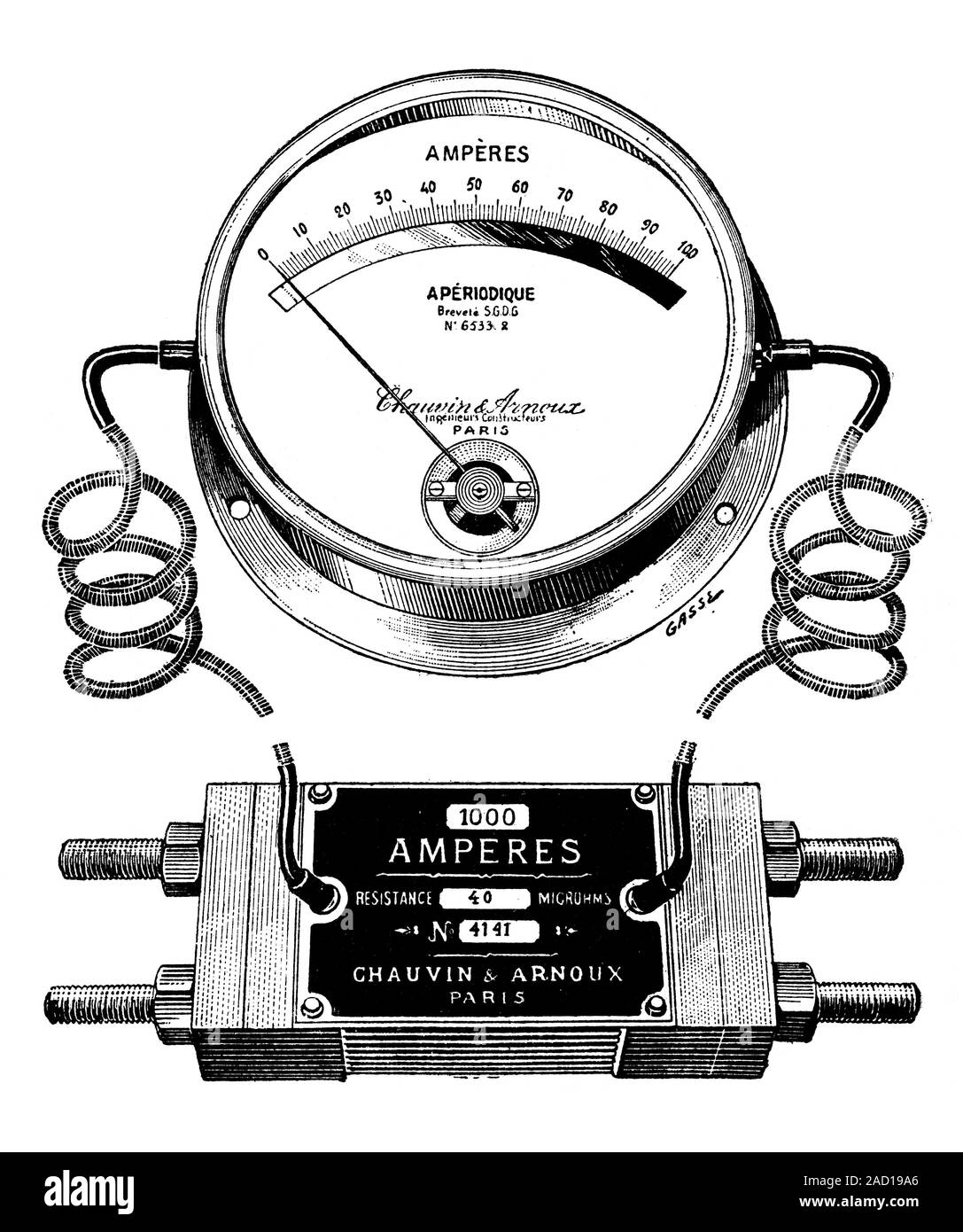 Ammeter and shunt. Historical illustration of an ammeter (top) and