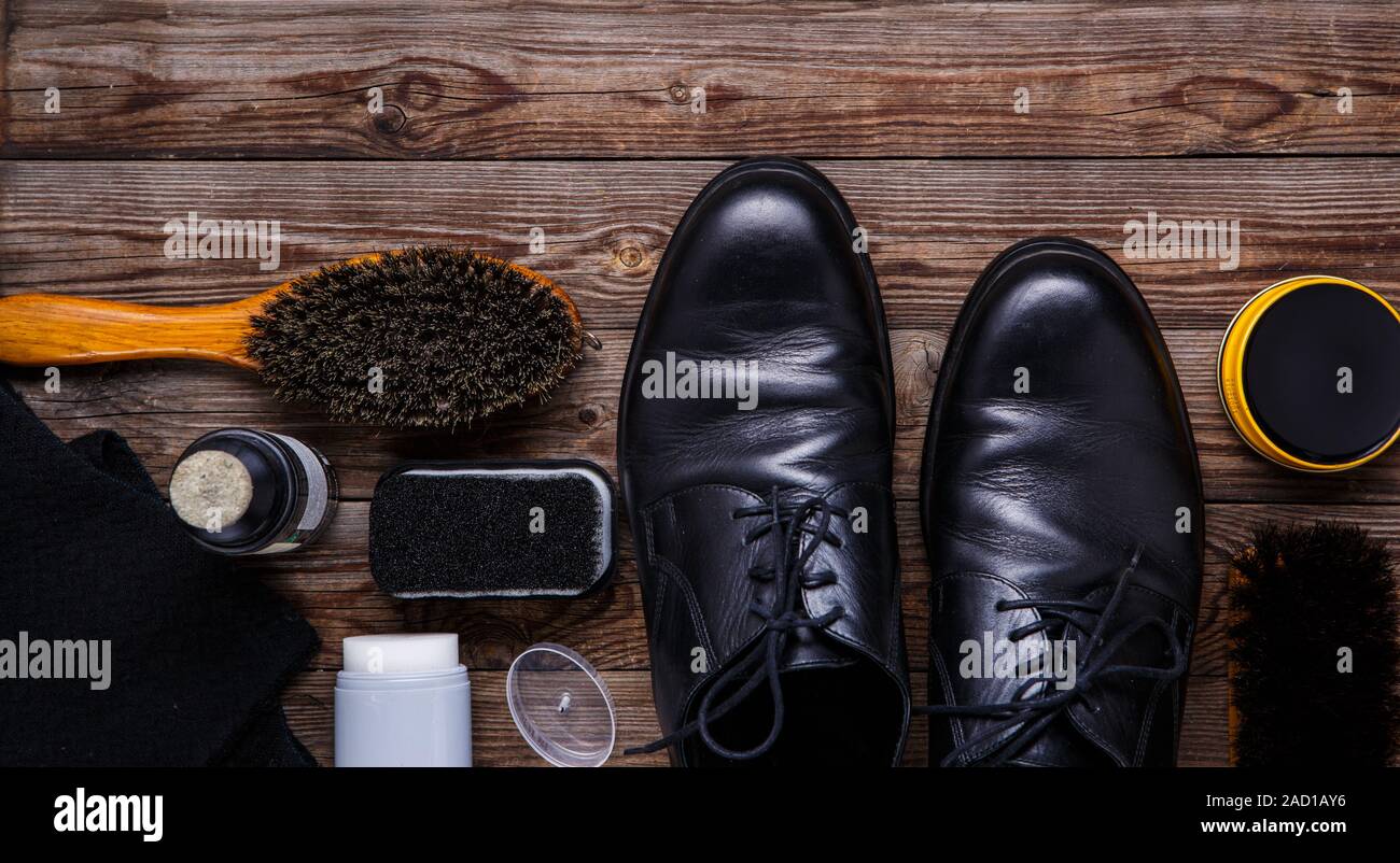 Shoe wax, brush and boot Stock Photo Alamy
