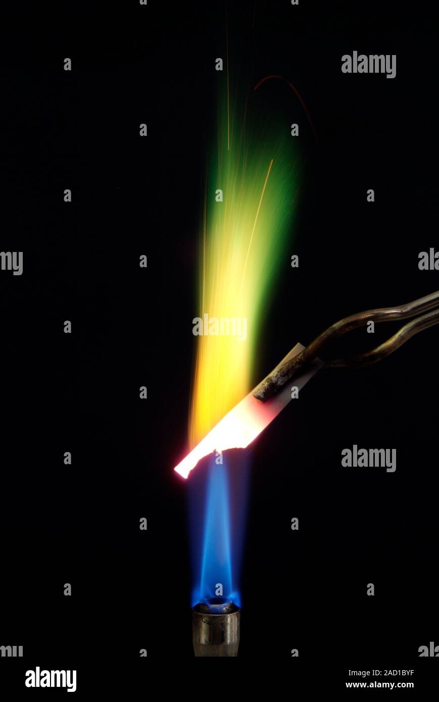 Burning copper. Closeup of copper being burnt in a flame from a Bunsen