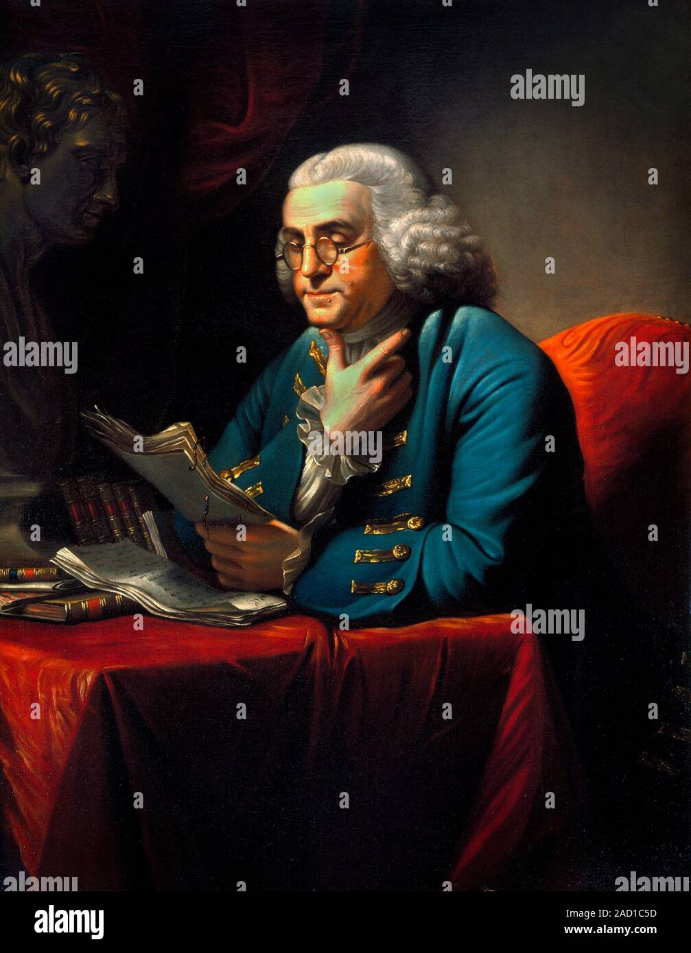 1772 illustration of the US scientist, inventor and statesman Benjamin