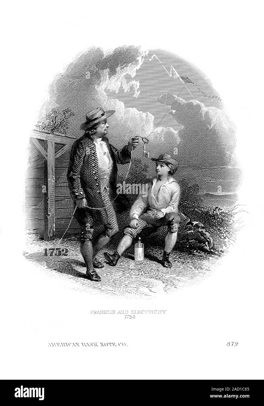 Franklin's kite experiment. 1752 illustration of Benjamin Franklin