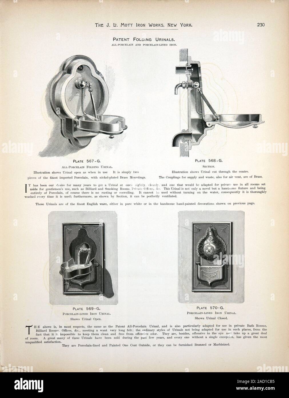 Folding urinal patent, 1884. Artwork of a folding urinal invented by J. L. Mott Iron Works, New