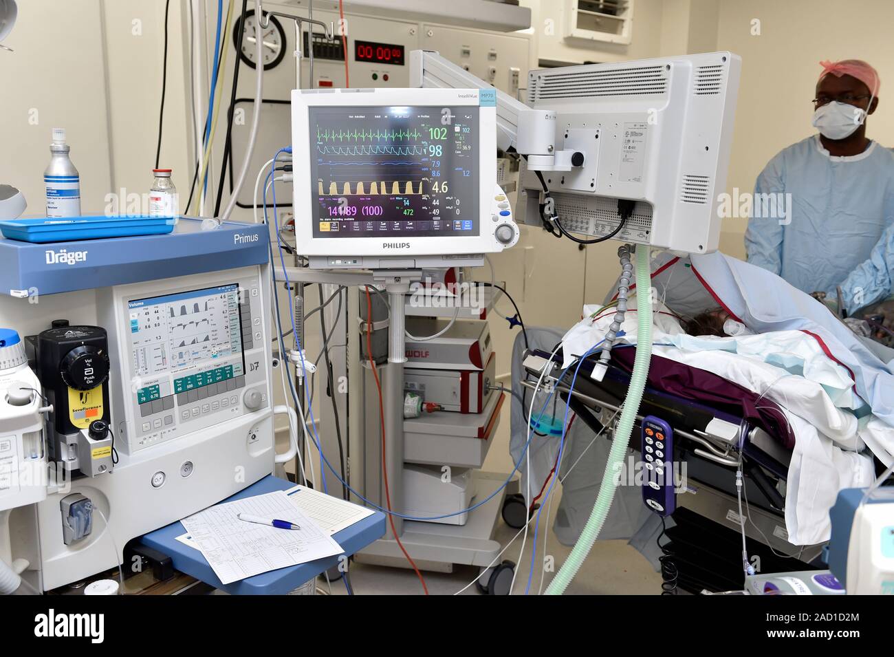 Surgery monitoring equipment. Equipment in use during surgery on a